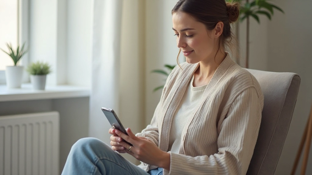 Vrouw kijkt naar gezondheidsapp op smartphone met rustgevend design