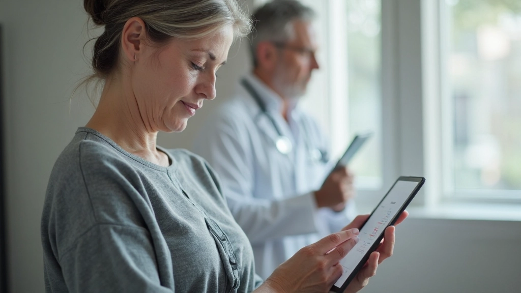 Patiënt met arts bekijkt gezondheidsgegevens op tablet interface